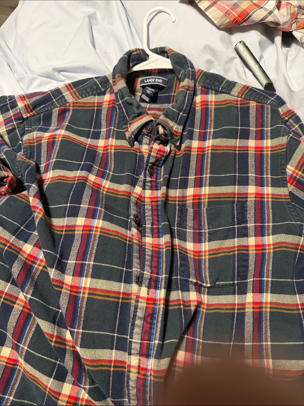 Lands' End Men's Dark Green Plaid Button-Down Flannel Shirt